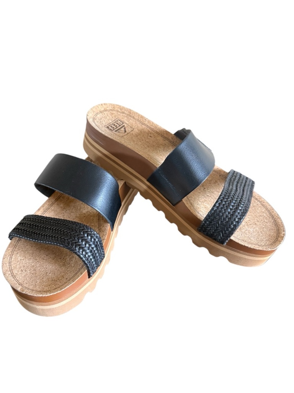 Reef Cushion Vista Hi Black Woven Double Strap Platform Slide Sandals 9 NEW